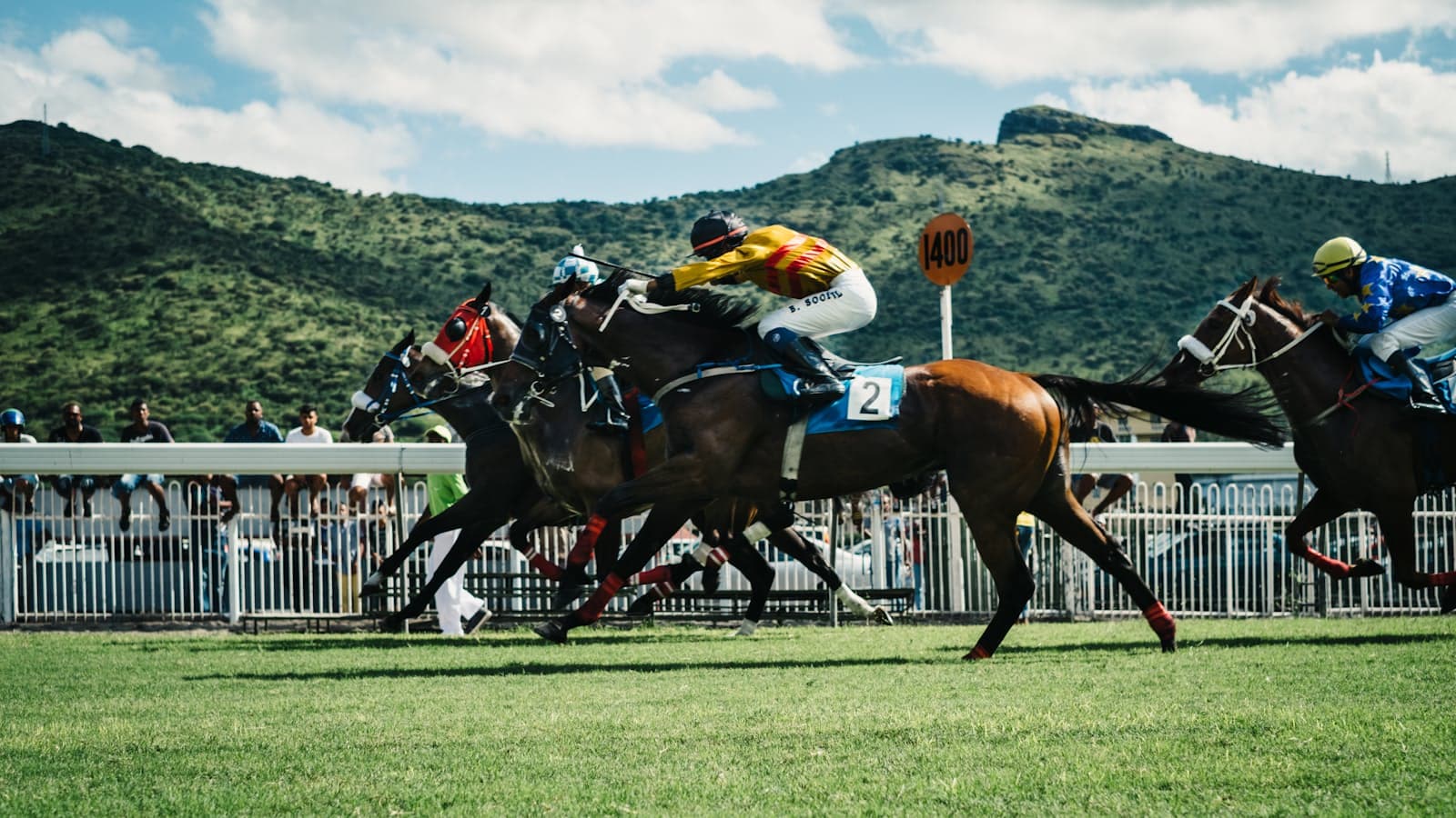 Chevaux de course et jockeys en pleine action sur la piste d'un hippodrome.